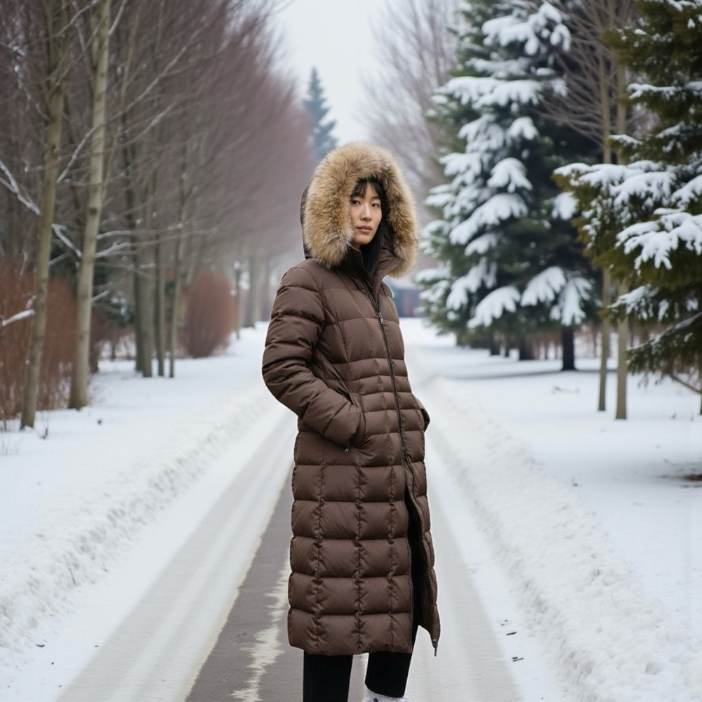 Andrew Marc Brown Long Puffer Coat with Fur-Trim Hood